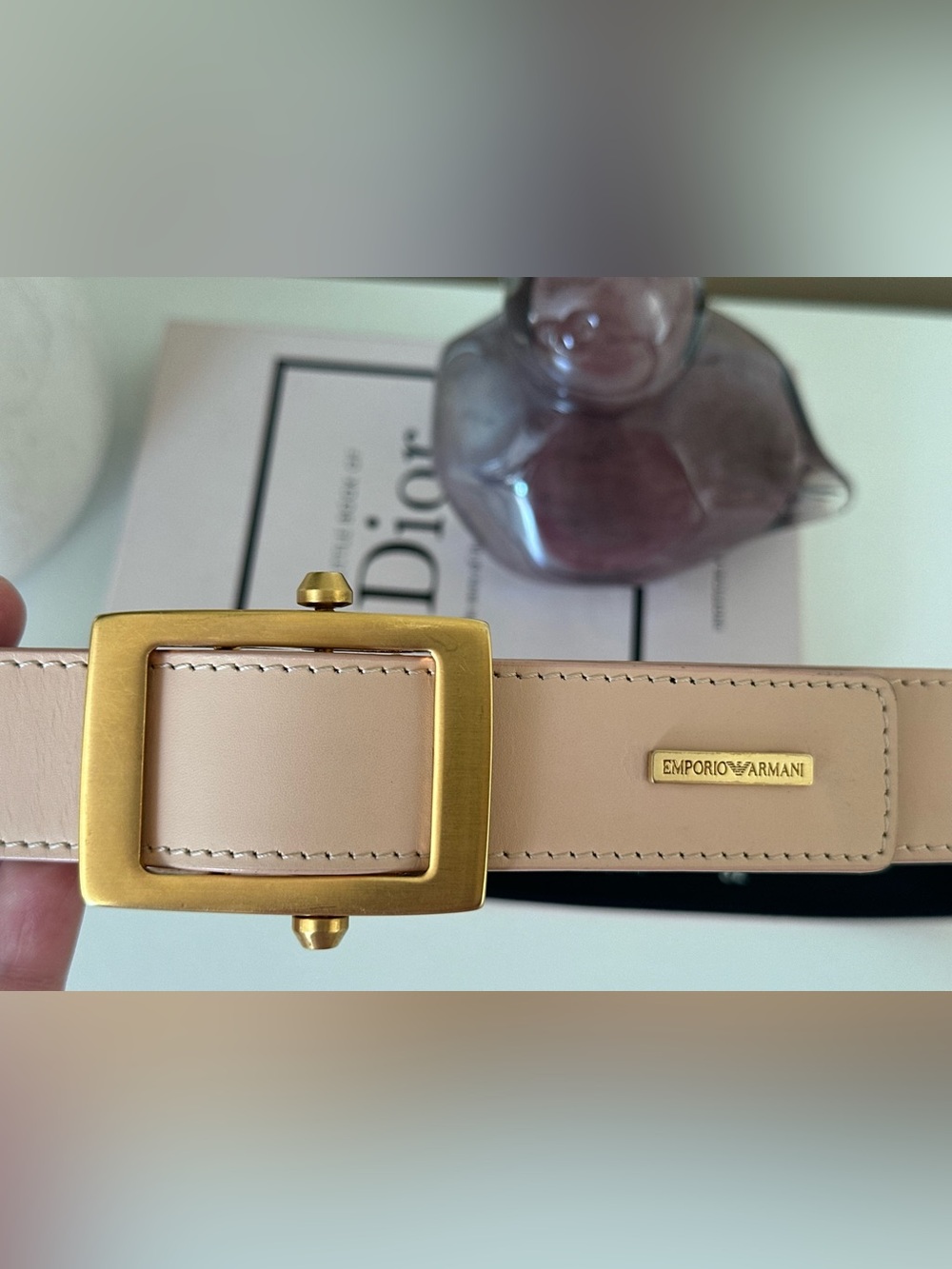 Emporio Armani Nude Leather Belt with Gold Square Buckle